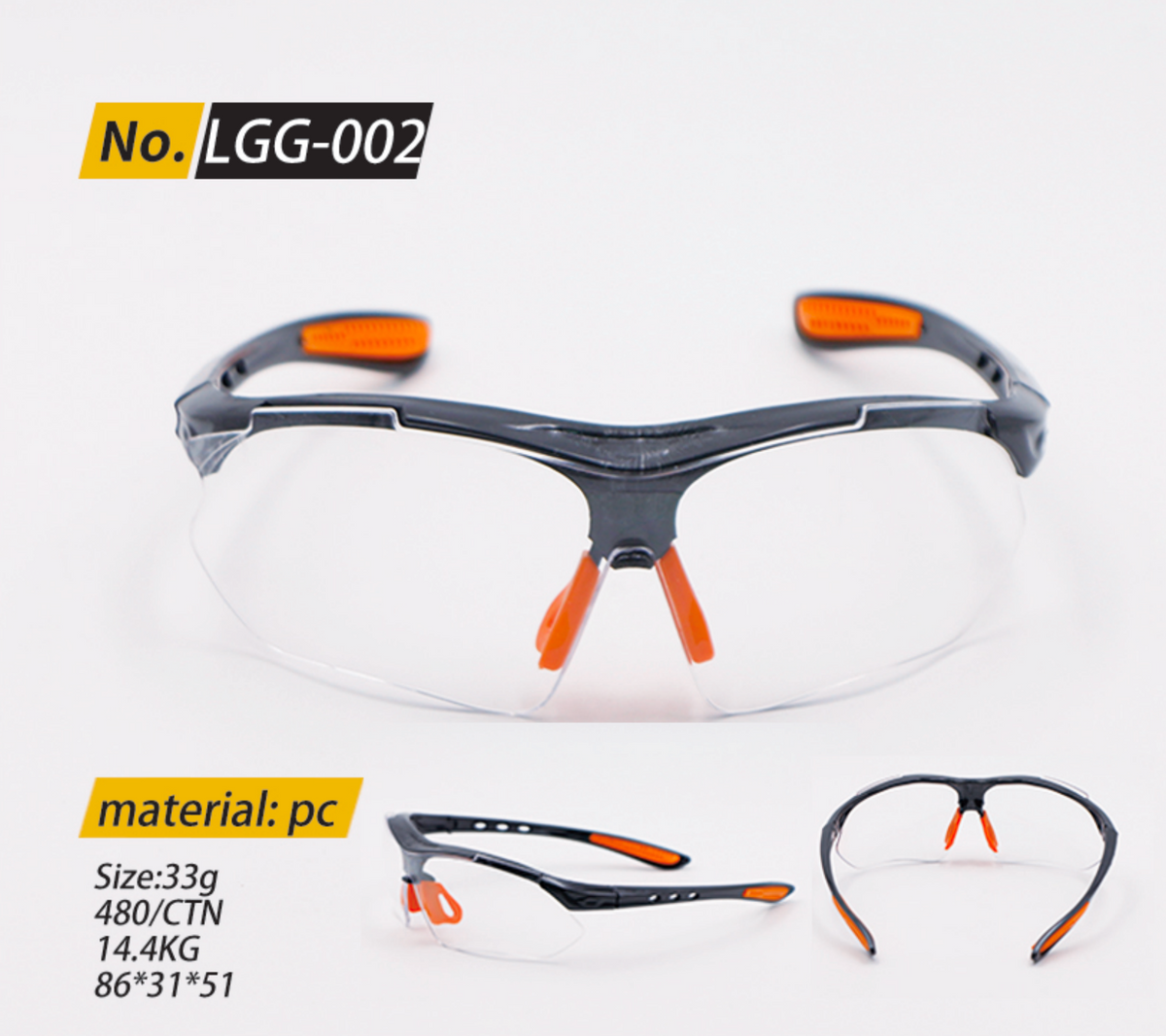 LGG‑002 Anti‑Impact Safety Glasses, Soft Non‑Slip Grip PC Clear Lens Wrap‑Around Protective Eyewear for Construction Lab Work